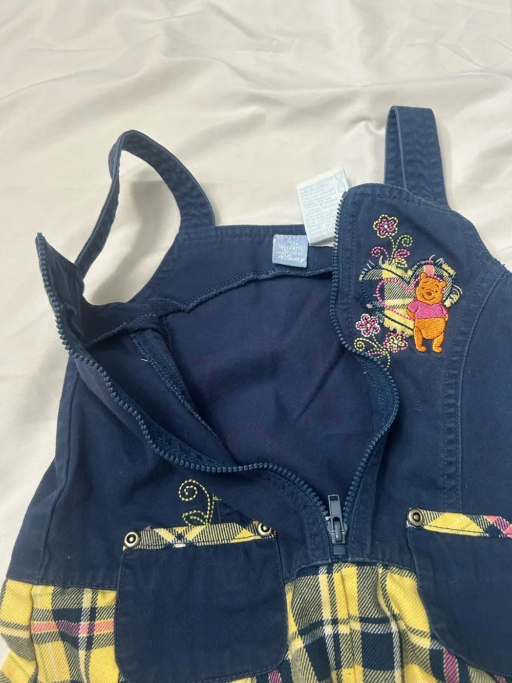 90’s  Y2K Winnie the Pooh Peplum Dress Jumper Yellow Navy Embroidered Plaid 3T